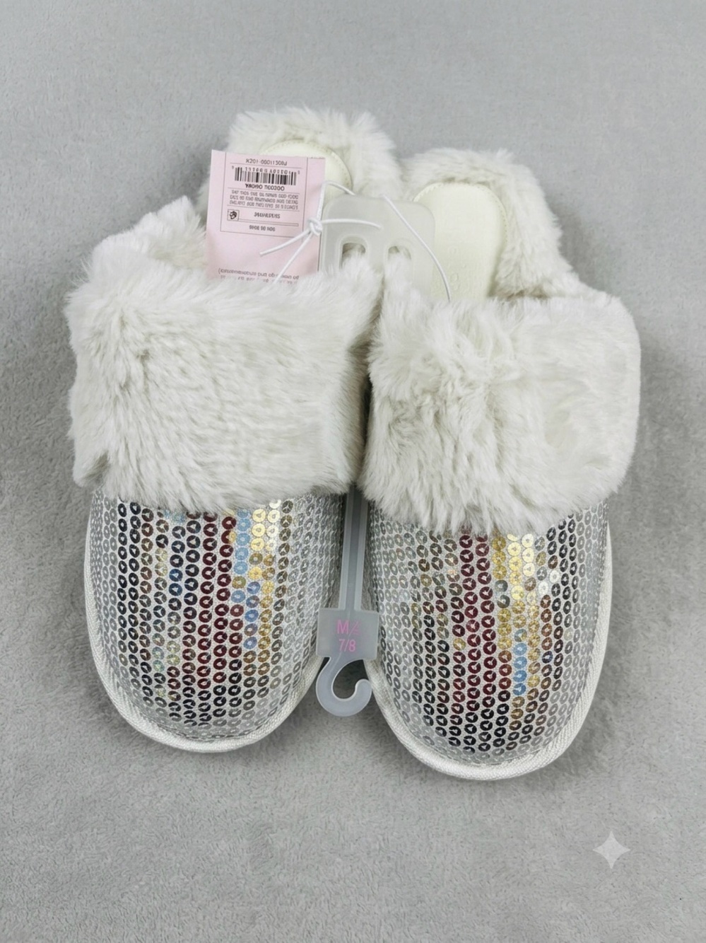 NWT Auden Silver Sequin Faux-Fur Scuff Slippers Size M (7/8) Cozy Loungewear⁠